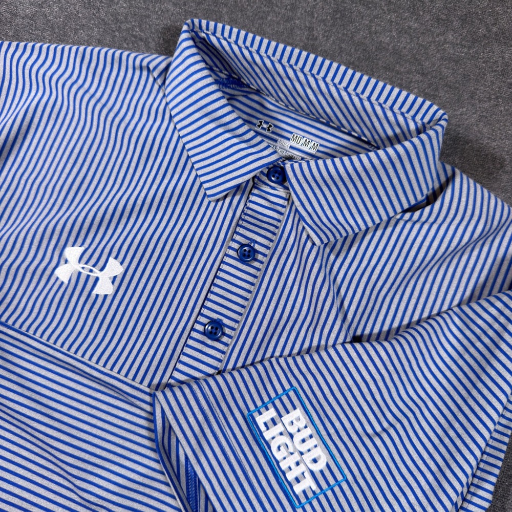 Under Armour Polo Shirt Mens Medium Blue Bud Light Striped HeatGear Short Sleeve